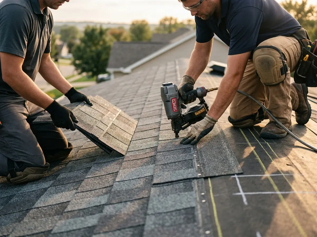 Professional roofer working on a residential roof in Lake Magdalene